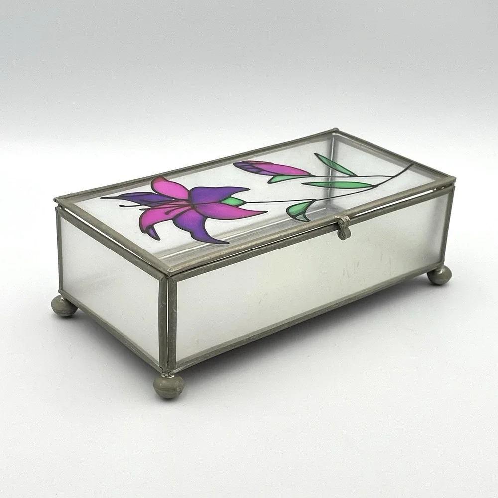 Vintage Taiwan Stained Glass Jewelry Trinket Box Frosted Glass Purple Lily